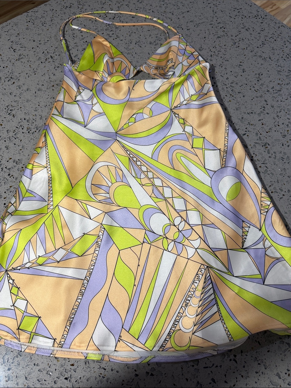Zara Geometric Halter Mini Dress in Peach, Lime & Lavender
